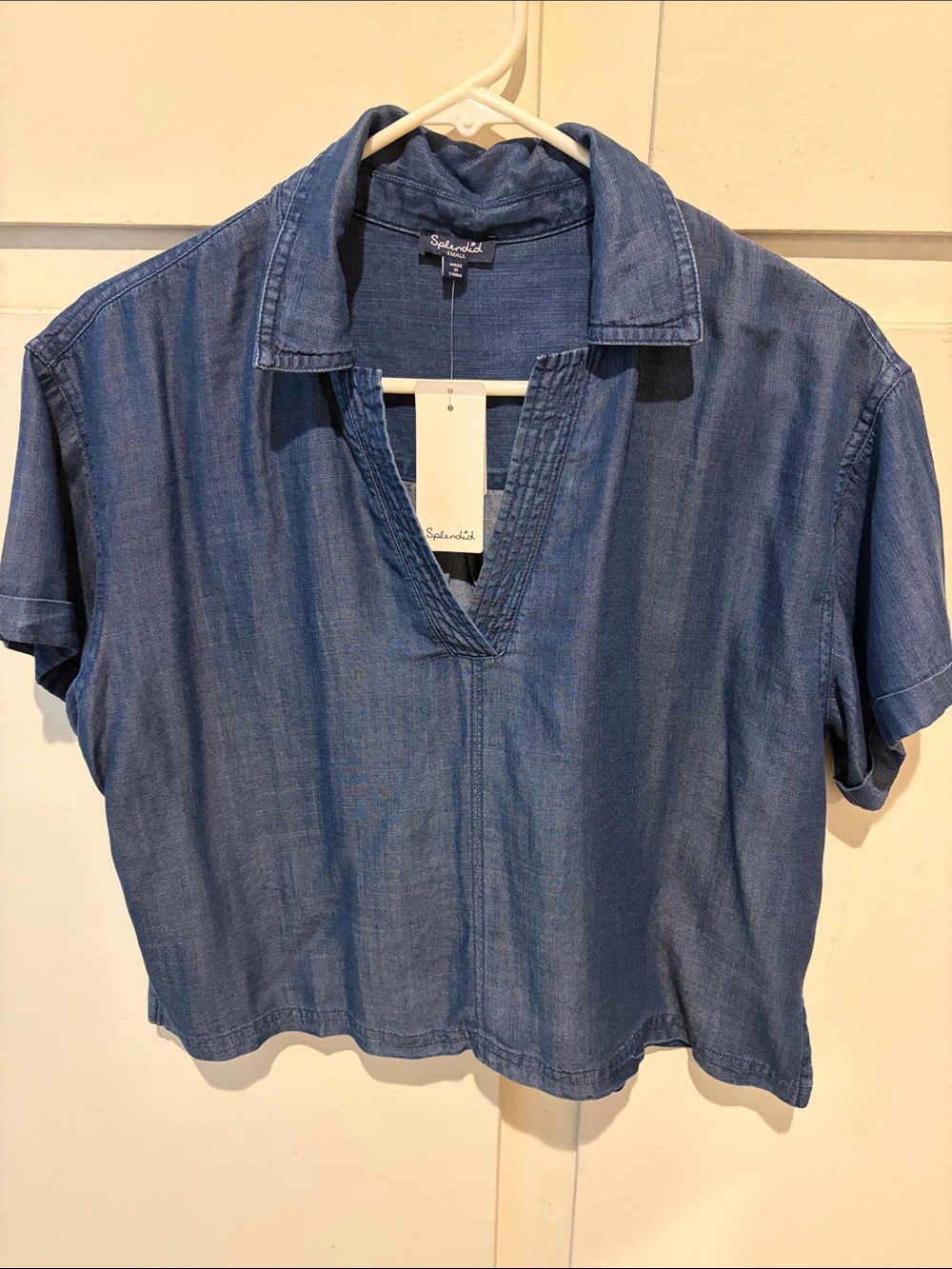 Splendid Blue Denim-Style Short Sleeve Button Down Top